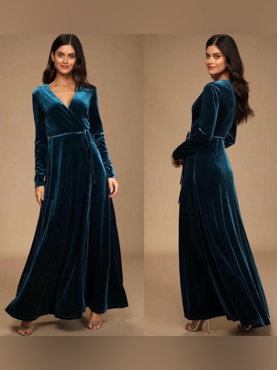 Lulus Dresses & Skirts - Lulus Jacinda Velvet Wrap Formal Maxi Dress Teal Long Sleeve Gown Size L NWT